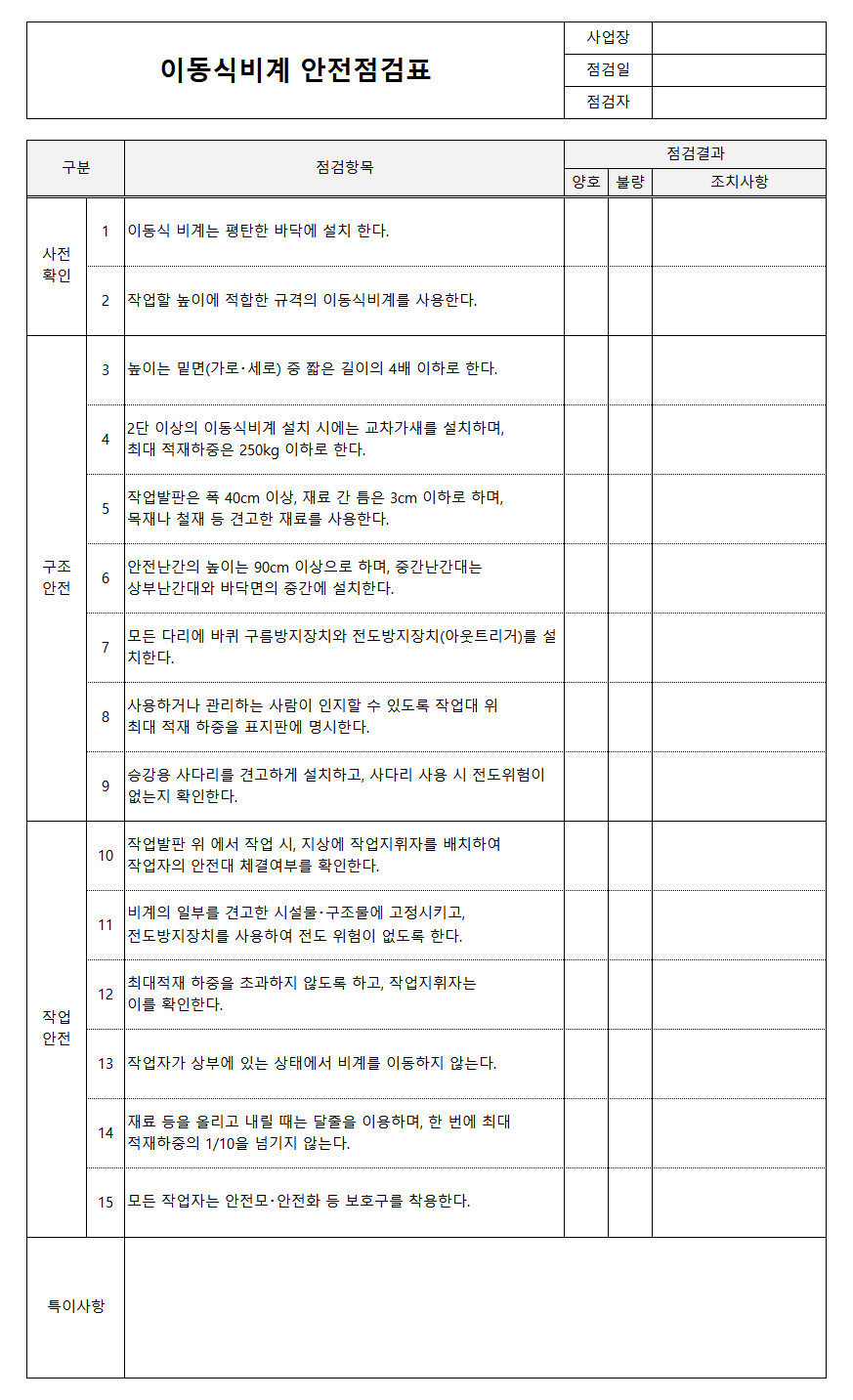 이동식 비계 안전점검표 양식