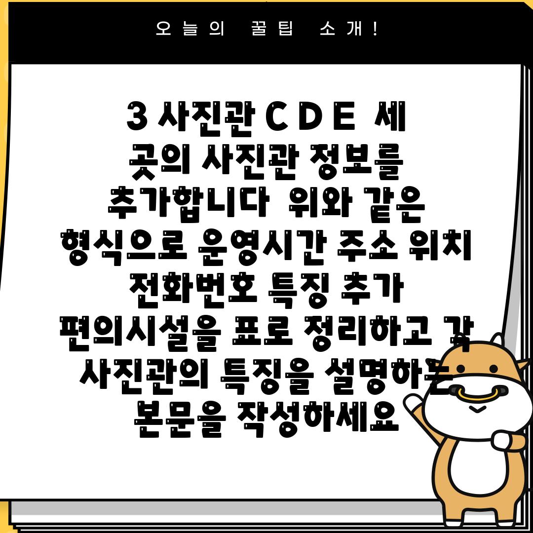 3. 사진관 C, D, E:  (세 곳의 사진관 정보를 추가합니다.  위와 같은 형식으로 운영시간, 주소, 위치, 전화번호, 특징, 추가 편의시설을 표로 정리하고, 각 사진관의 특징을 설명하는 본문을 작성하세요.)