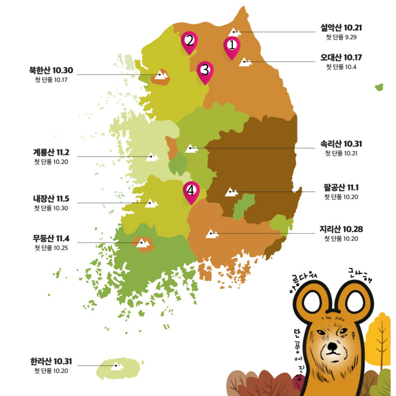 2022 단풍시기 - 추천하는 단풍 캠핑장 위치가 지도 위에 표시되어 있다.