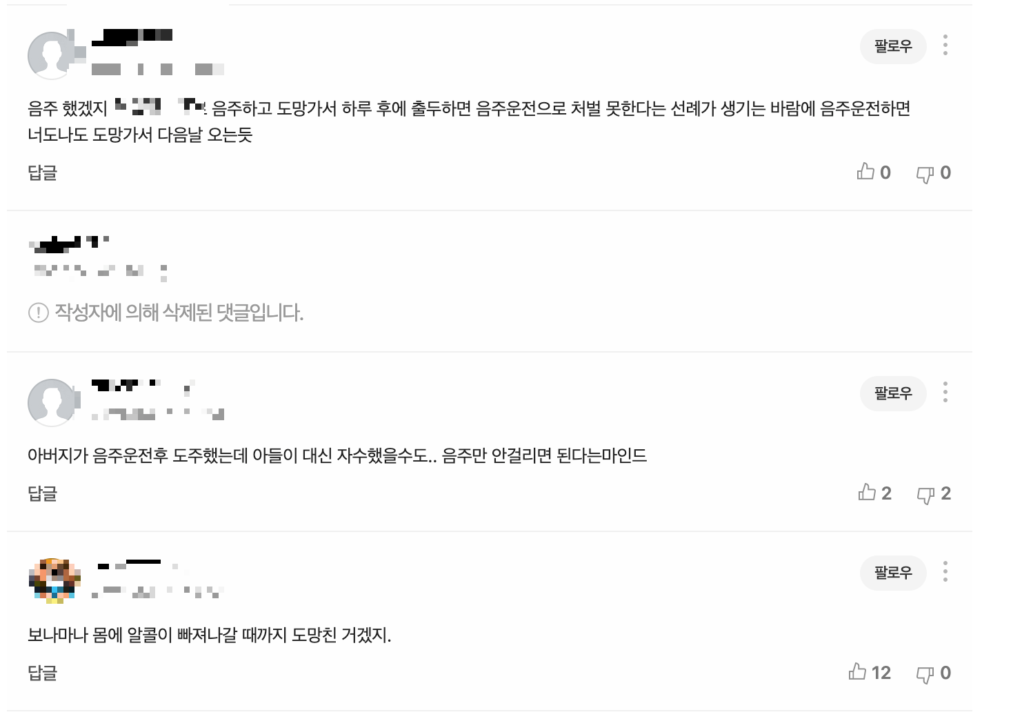 해당 사건을 담은 기사에 네티즌들이 남긴 댓글 목록 캡처화면
