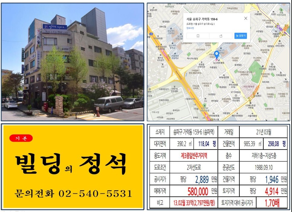  [송파구 헬리오시티 50억 꼬마빌딩 실거래가 조회] 가락동 159-6 (송파역) 58억 원, 평당 4,914만 원 매매되었습니다. 가락시장, 송파중앙전파소, 성동구치소 복합개발사업