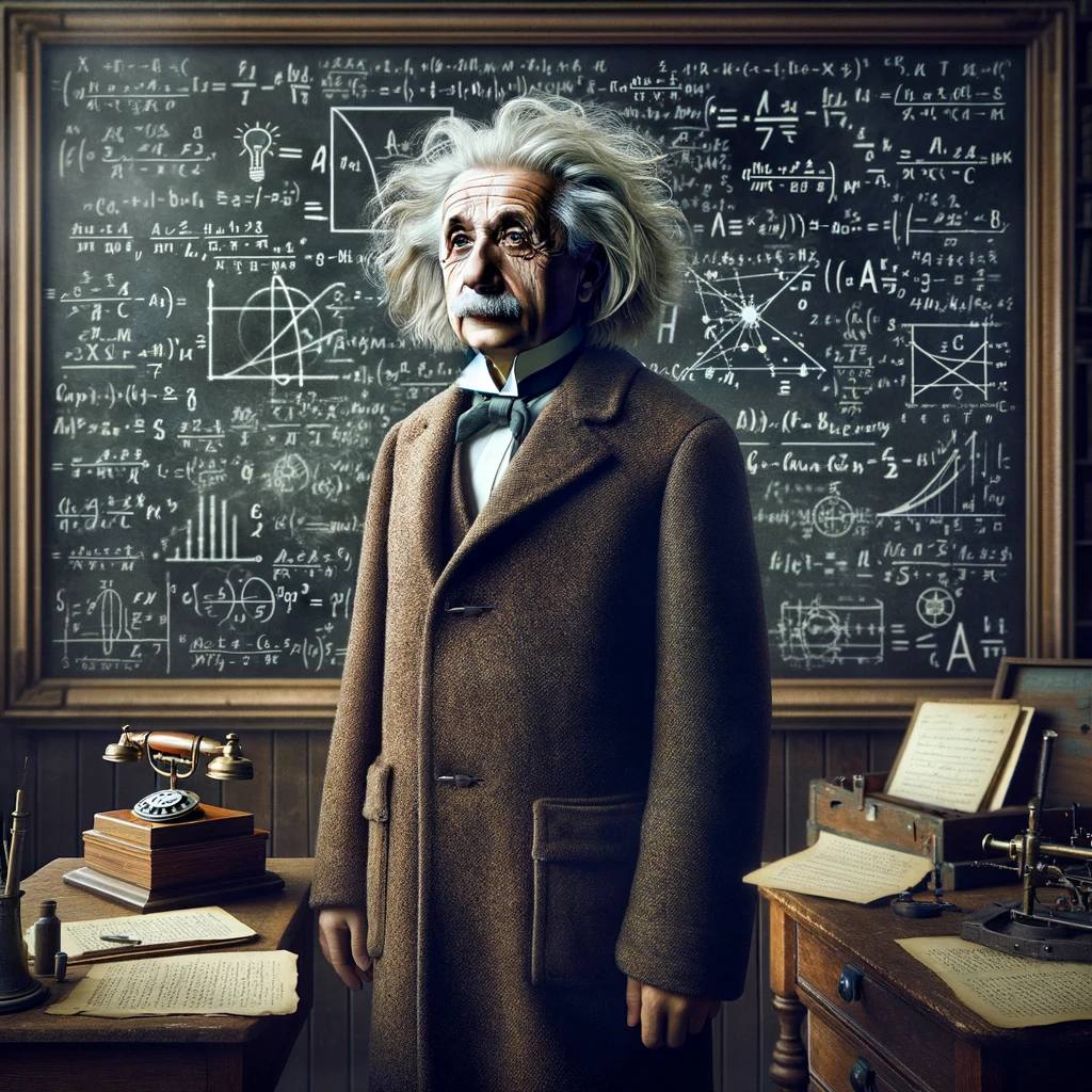 위 이미지는 아인슈타인을 연상시키는 인물이 복잡한 수학적 방정식과 물리 이론이 가득한 칠판 앞에 서 있는 모습을 상상하여 그려보았습니다. 이 그림은 그의 독특하고 야생적인 헤어스타일과 초기 20세기 학자의 전형적인 복장을 통해 아인슈타인의 상징적인 모습을 포착하고자 했습니다.