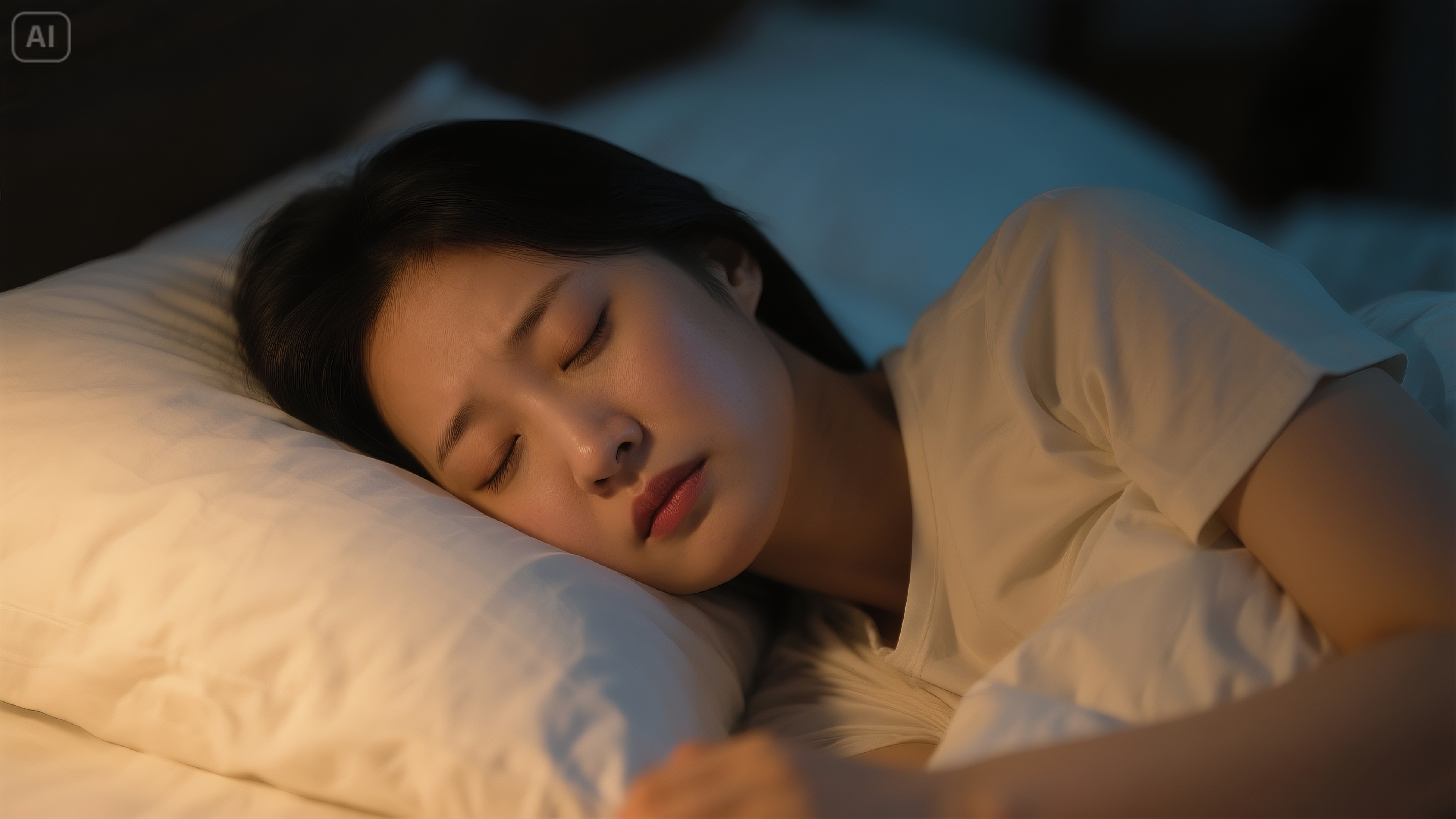 침대에 누워 눈을 감았지만 눈썹 찌푸리고 생각에 잠긴 듯한 한국 여성, 어두운 조명 아래