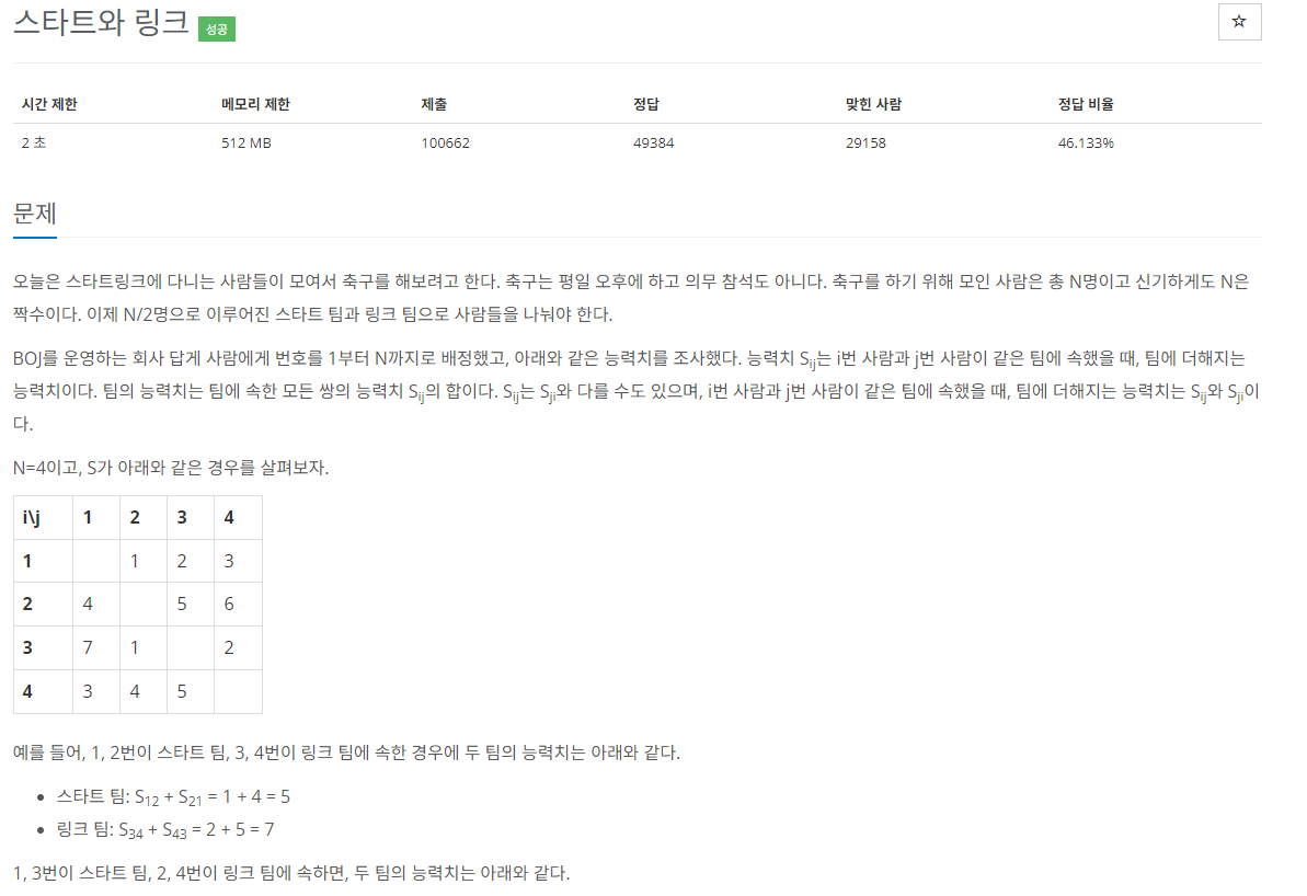 백준 14889 스타트와 링크 java