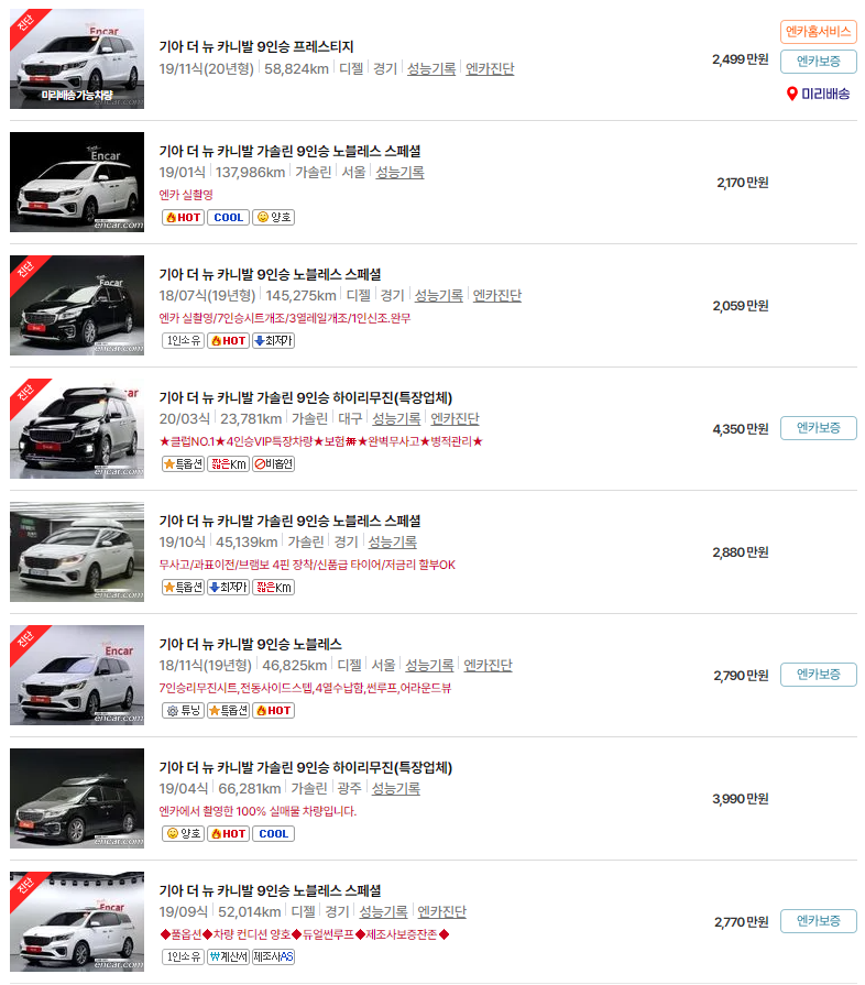 더 뉴 카니발(18~20년식) 9인승 중고차 가격