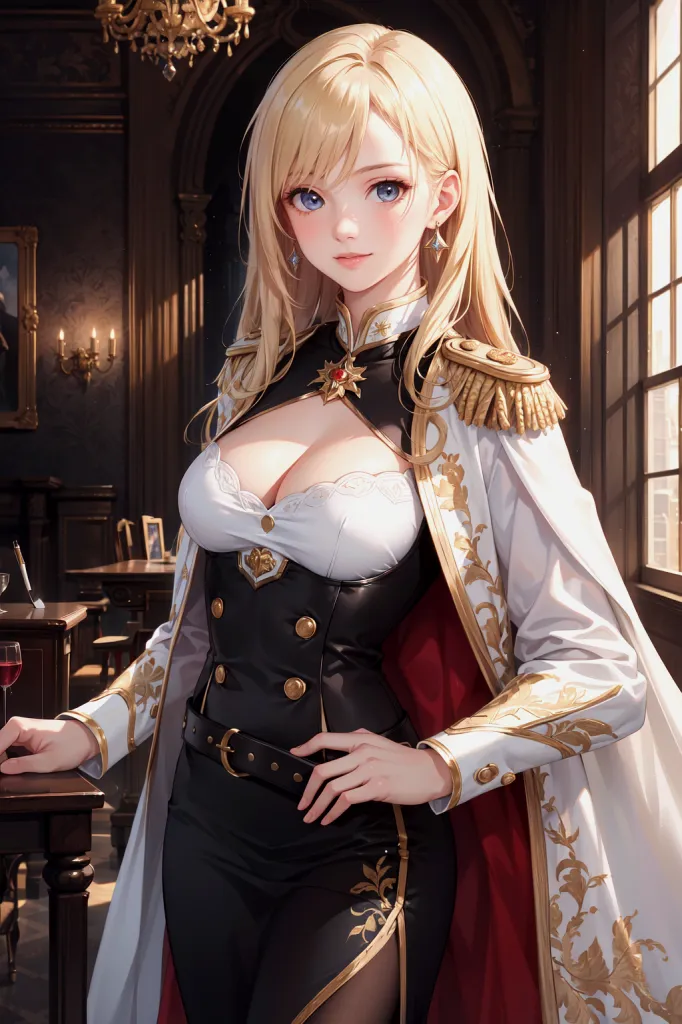 AI 2D Anime 럭셔리 파티 드레스 왕실 룩북 이미지. 서있는 자세