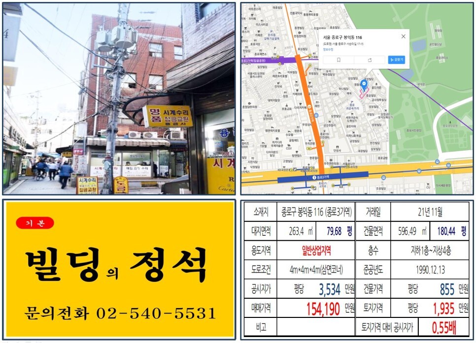  [종로구 종로귀금속거리 10억 꼬마빌딩 실거래가 조회] 봉익동 116 (종로3가역) 15억 4,190만 원, 평당 1,935만 원 매매되었습니다.