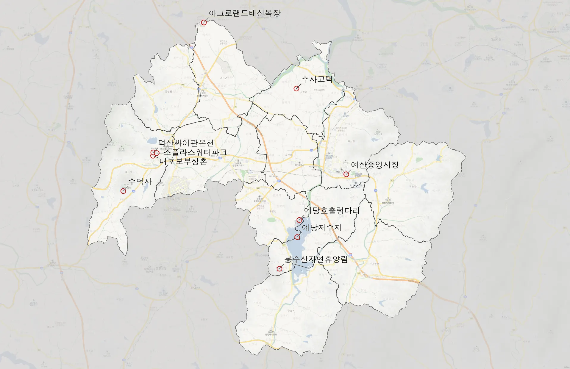 예산 가볼만한 10곳 위치도