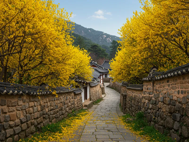 2025년 봄, 지리산 자락 구례 산수유마을에 노랗게 핀 산수유꽃 아래에서 아이들이 봄을 만끽하고 있다