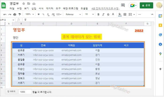 중복 데이터가 있는 범위