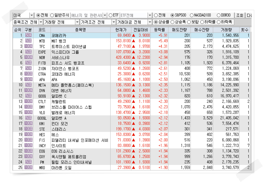  1월19일 미국주식 S&P500 상승률 상위 종목 TOP 100