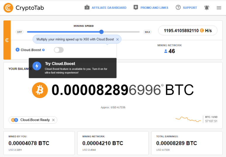  크립토탭(CryptoTab)을 통한 비트코인 채굴 현황(2021.12.01)