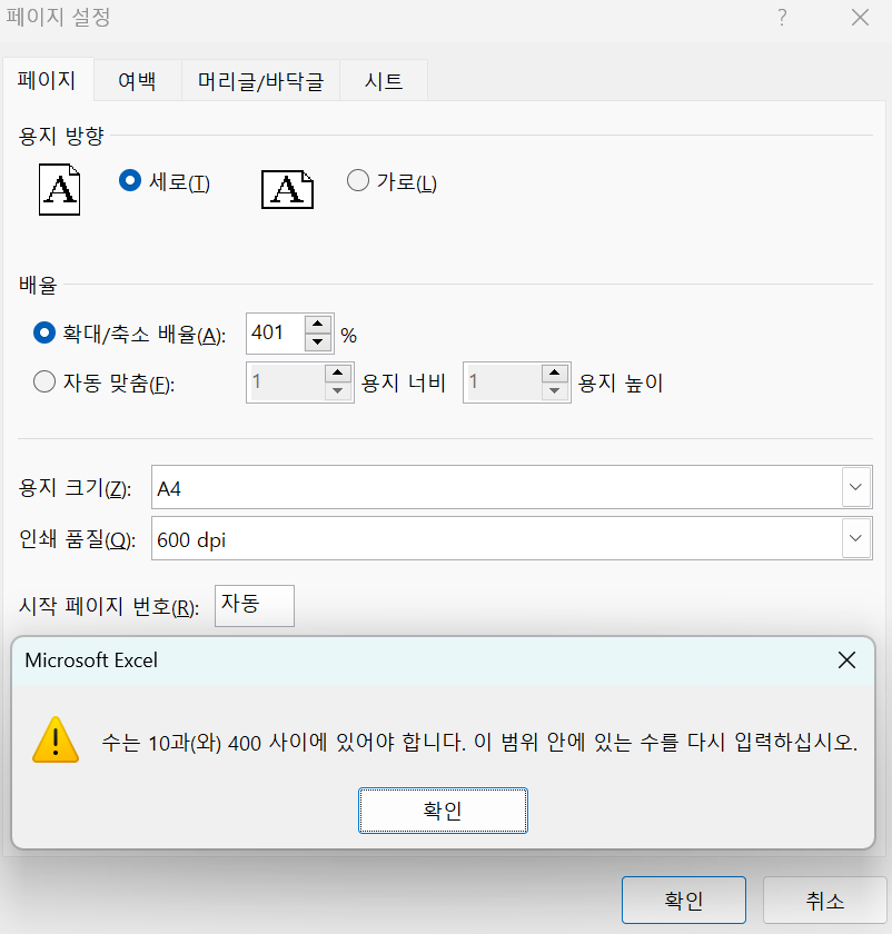 페이지 설정의 페이지 탭