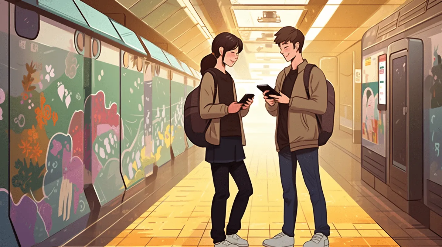 A picture of two people looking at a map on the subway