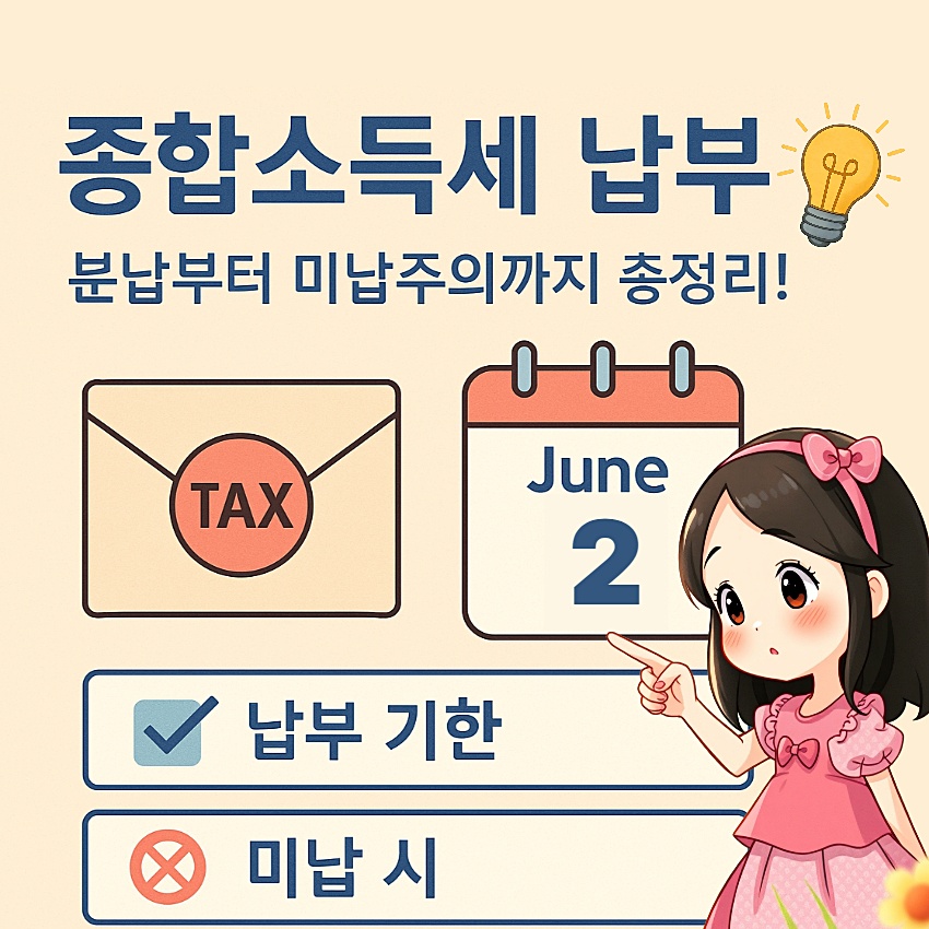 5월 종합소득세 신고 후 납부 기한, 분납 방법, 미납 시 주의사항 등을 정리한 대표 이미지