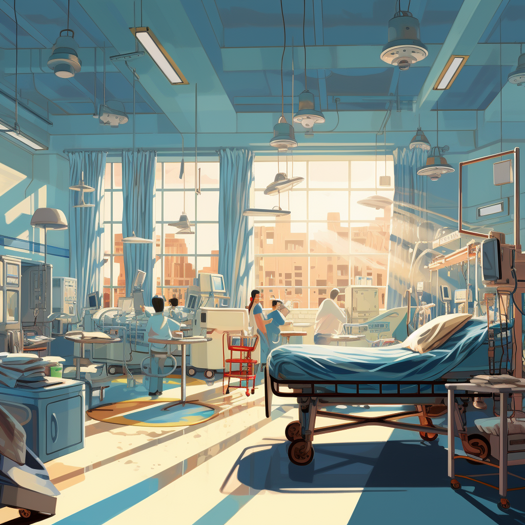 큰 창이 있는 병원&#44; 의사와 간호사 그리고 환자들&#44; 환자 침대