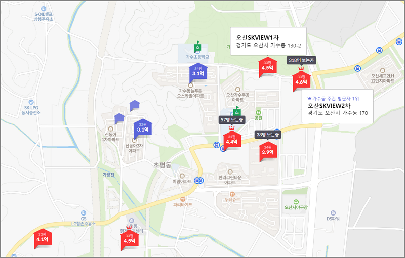 오산 SK VIEW 1차&middot;2차의 주변 아파트 시세