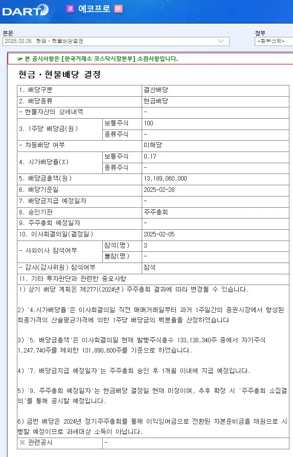 에코프로(086520) 2025년 배당금