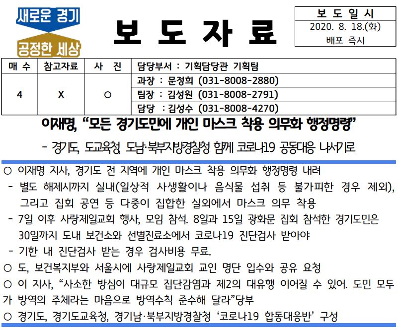  경기도 마스크 벌금 착용 의무 행정명령