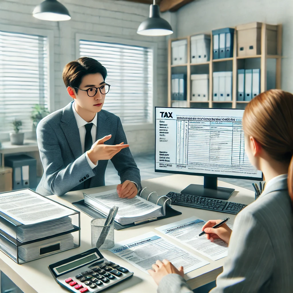 세무 전문가와 공제 관련 상담하는 한국인