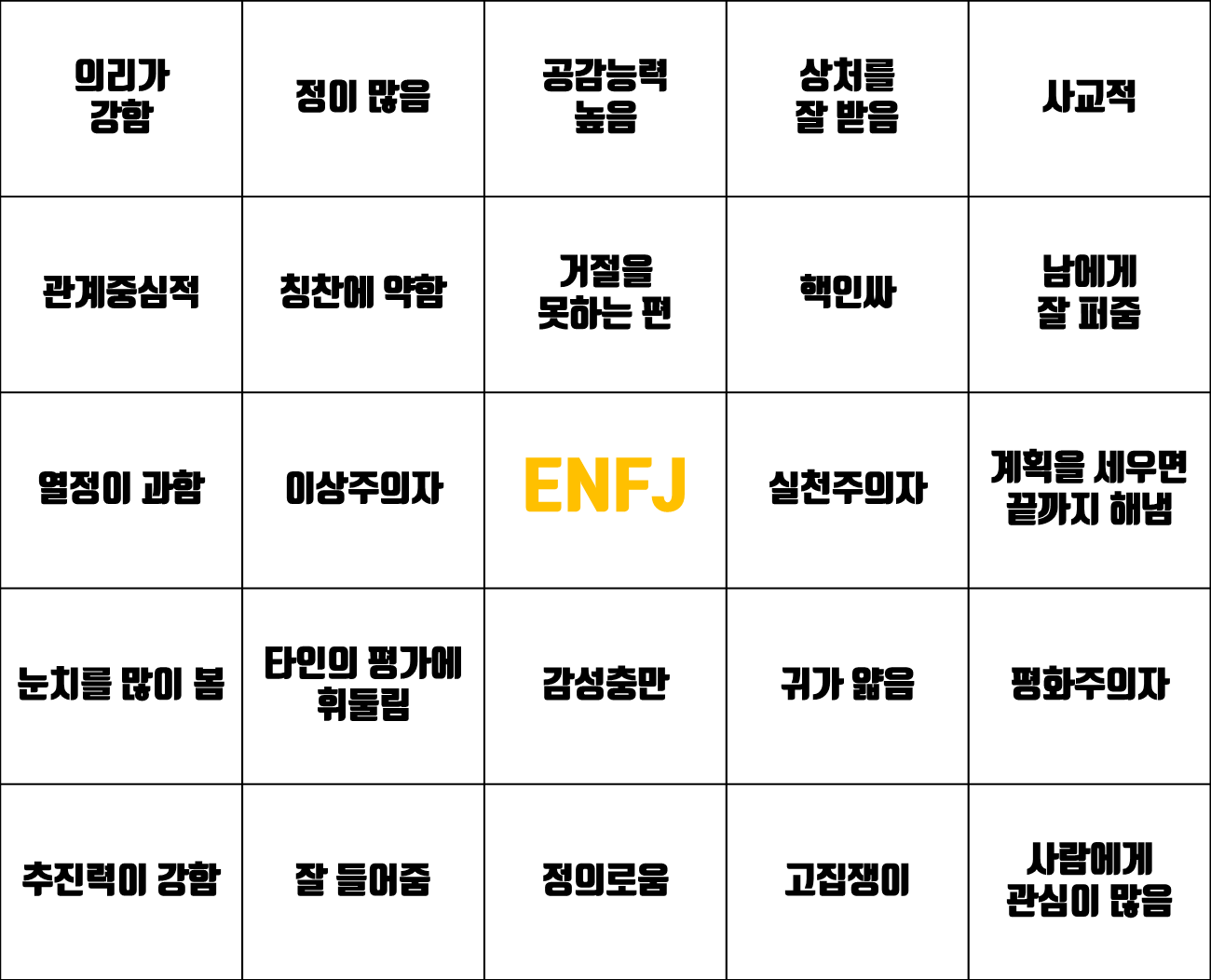  ENFJ 궁합 성격빙고, MBTI 성격분석, 장점, 단점