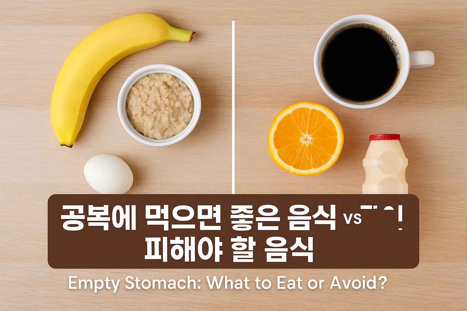 A thumbnail image showing healthy foods like banana, oatmeal, and egg on the left, and foods to avoid like coffee, orange, and yogurt drink on the right, with Korean and English text about empty stomach eating
