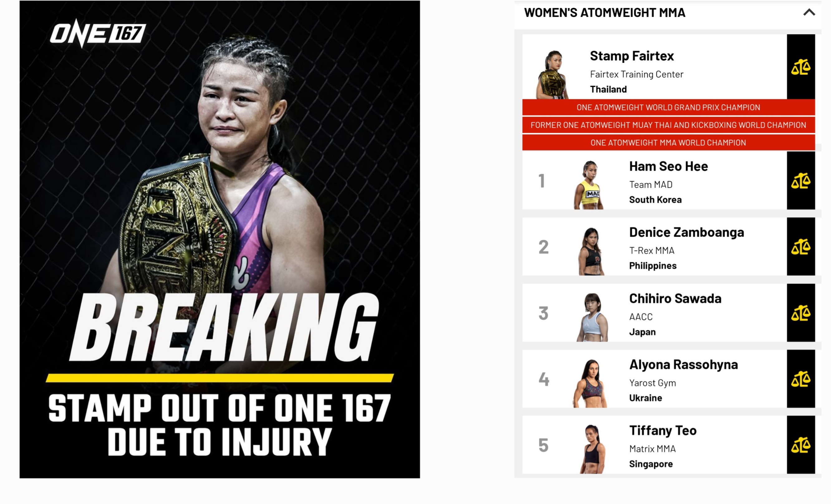  '원챔피언십 아톰급 챔피언' Stamp Fairtex, '반월판연골 수술'로 'Zamboanga 戦' 아웃