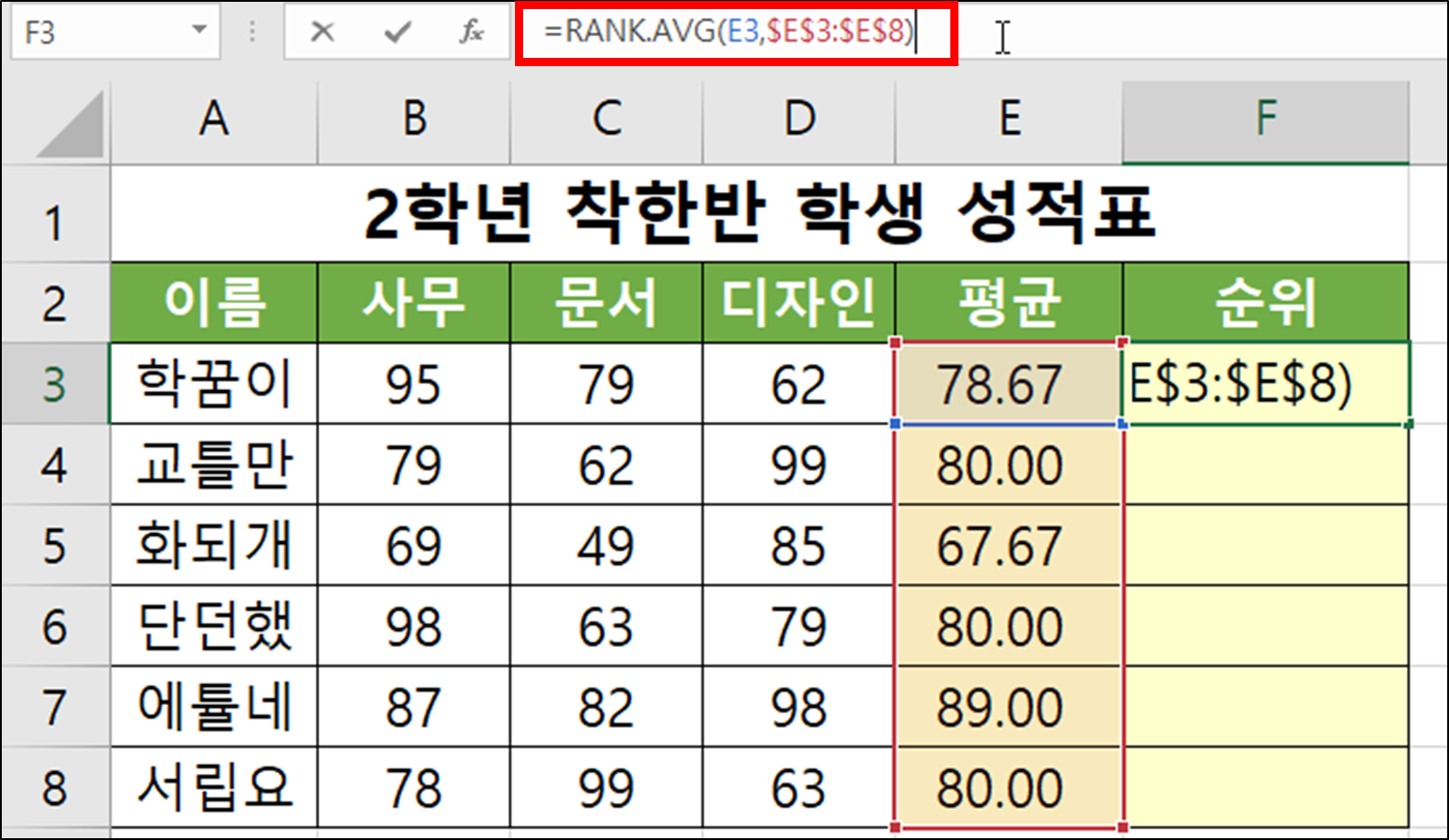 RANK.AVG(순위, 등수, 석차 구하기)-9