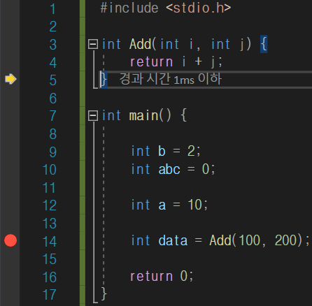 F11 누름. : 노란색 화살표가 함수가 끝나는 지점(중괄호)으로 이동함.