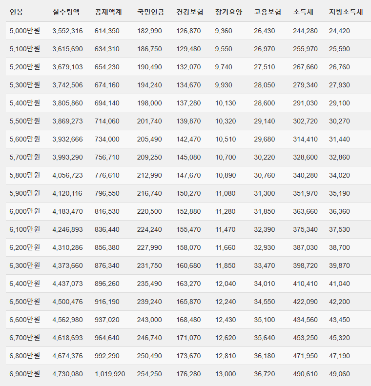 2024년 연봉 실수령액 (5000만 원 ~ 6900만 원 구간)