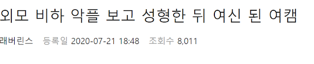  외모 비하 악플 본후 성.형.했는데 여신 된 여캠