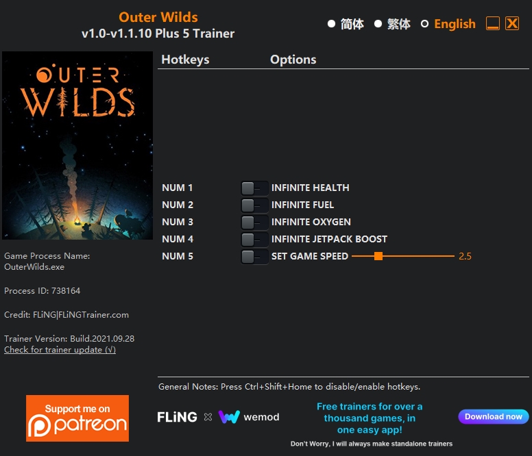  [트레이너] 한글판 아우터 와일즈 최신 영문판 Outer Wilds v1.0-v1.1.10 Plus 5 Trainer