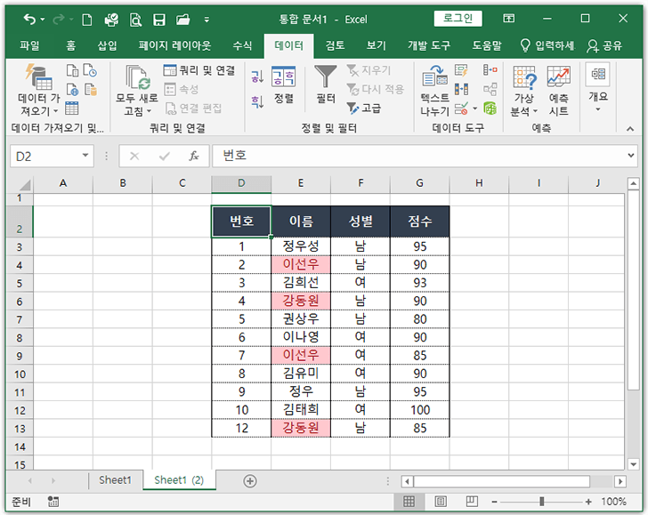 중복 값 제거 결과