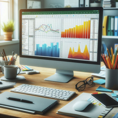 다양한 그래프와 데이터가 표시된 컴퓨터 화면이 있는 책상