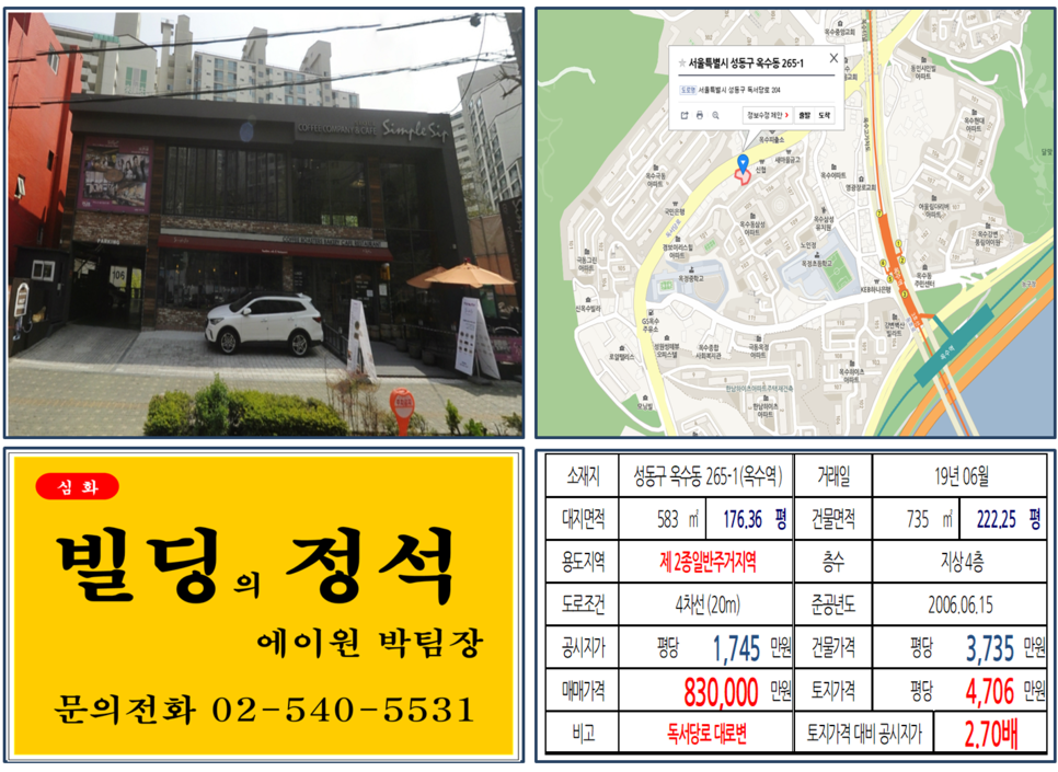  [성동구 빌딩매매사례]옥수동 265-1(옥수역) 83억, 평당4,706만원 매매되었습니다.