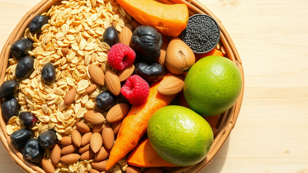 Close-up flat lay style image of a colorful assortment of fresh oats, legumes, prunes, raspberries, sweet potatoes, almonds, chia seeds, and avocados artfully arranged in a rustic wooden basket, with bright sunlight casting a warm, healthy glow, on a clean wooden tabletop background.
