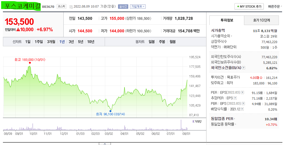  포스코케미칼 주가 전망 및 기업 분석 목표 배당금 주식 수익률