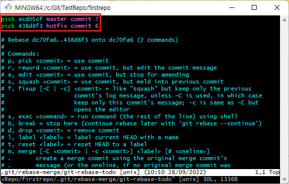 $ git rebase -i HEAD~2 를 실행한 후의 화면
