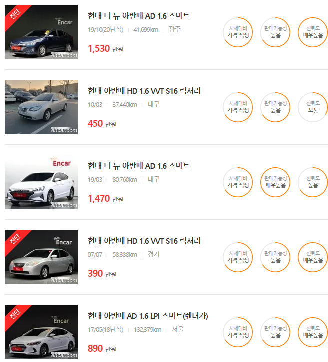 판매중인 아반떼 중고차