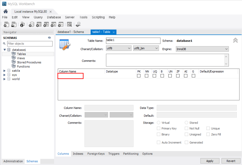 코더제로 데이터베이스 MySQL Workbench 컬럼 생성