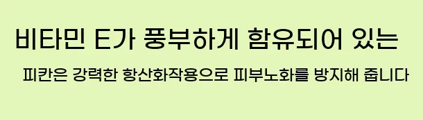  비타민 E가 풍부하게 함유되어 있는 피칸은 강력한 항산화작용으로 피부노화를 방지해 줍니다