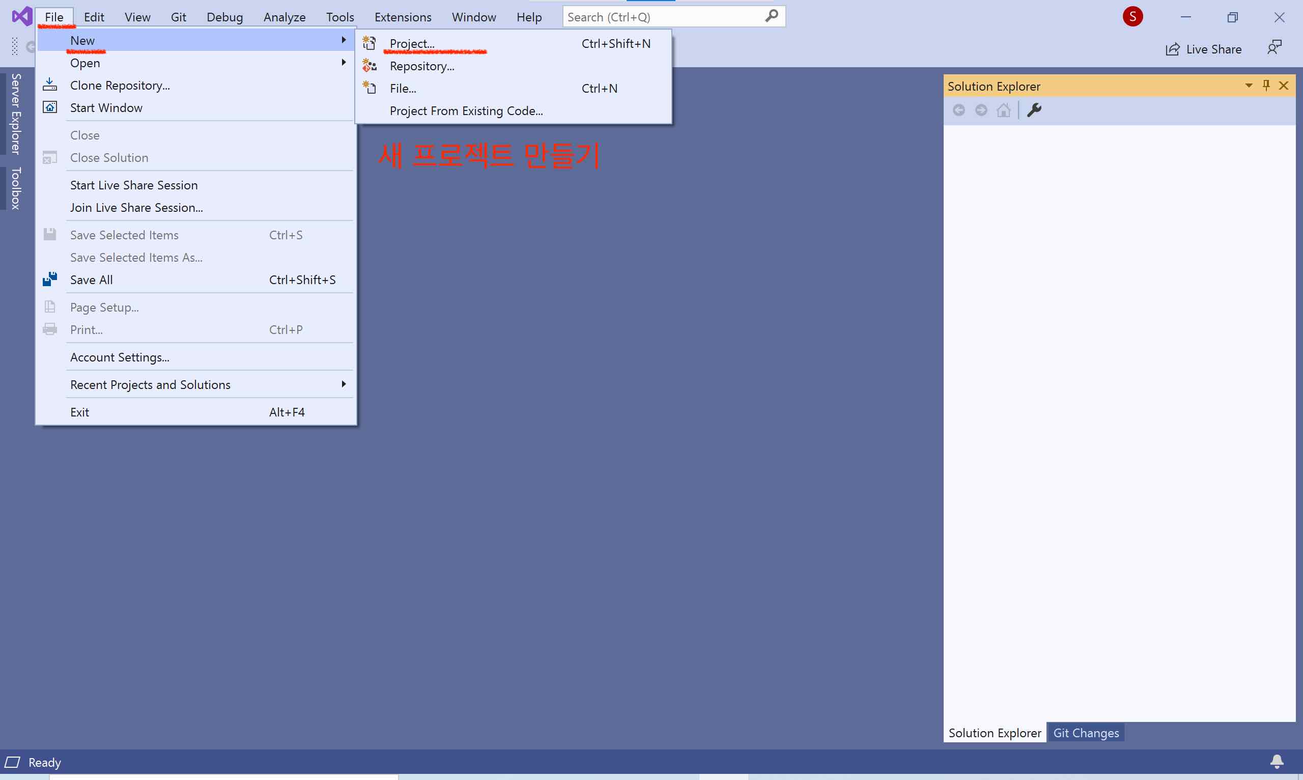 screenshot of Visual Studio Community 2019, showing the new project menu in the main screen