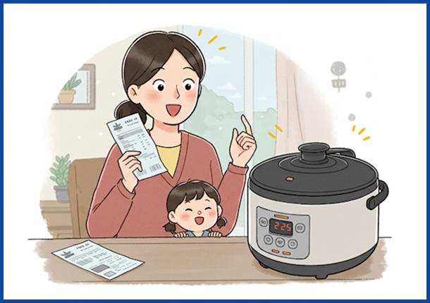 전기요금 고지서를 보며 환하게 웃는 한국인 엄마와 아이