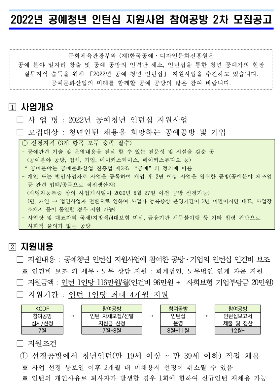  2022년 2차 공예청년 인턴십 지원사업 참여공방 모집 공고