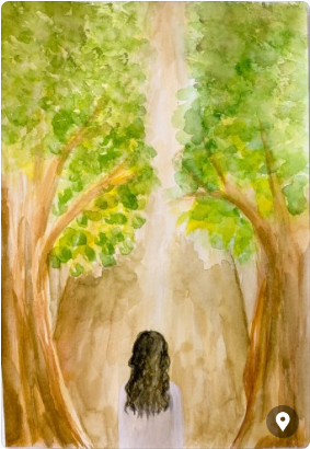 나무숲길에 서있는 여인 그림