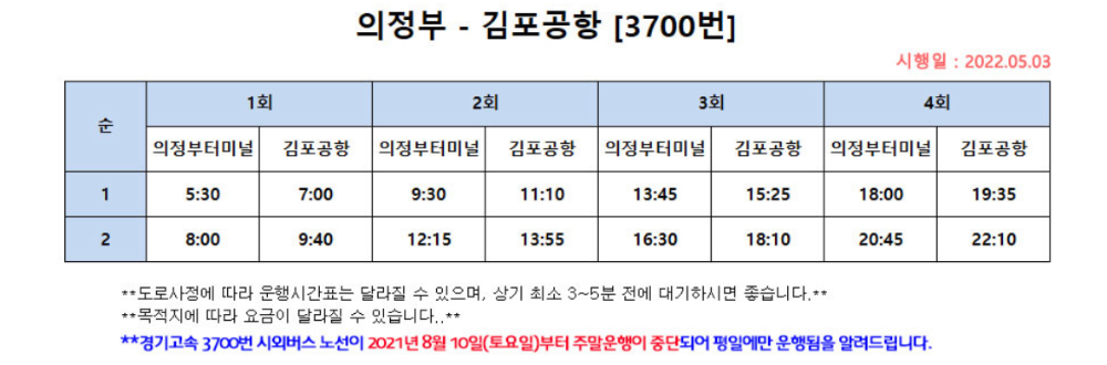 의정부-김포공항-3700번-시간표