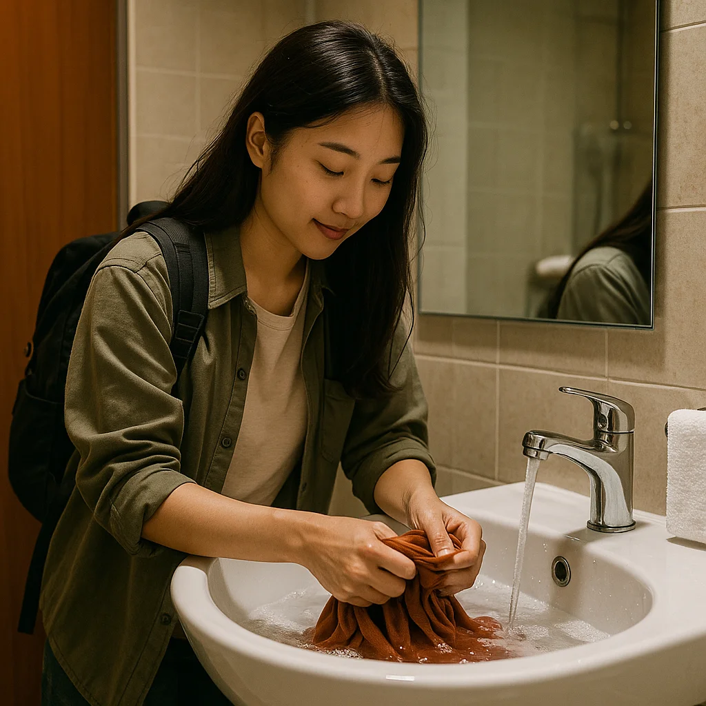 A Korean traveler handwashing clothes in a cozy bathroom during a long-term trip