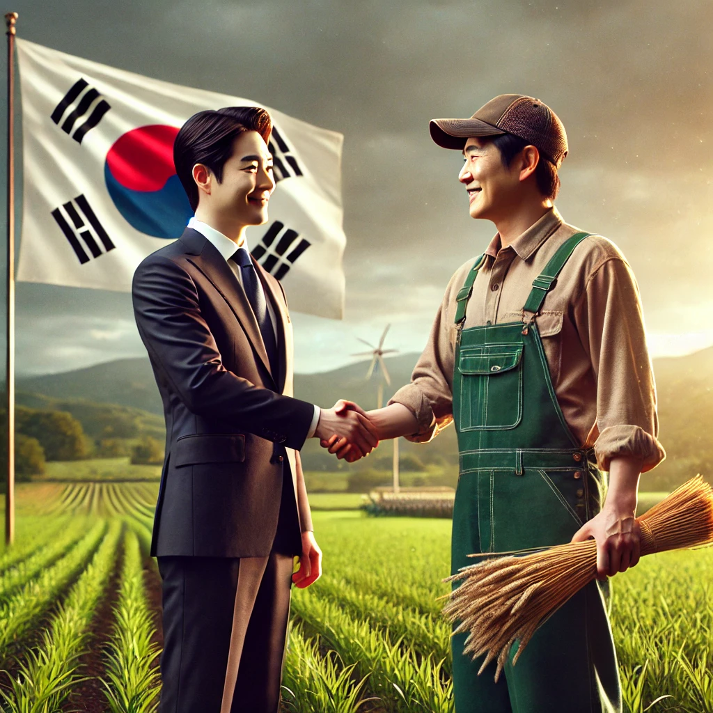 DALL·E 2024-11-10 07.57.23 - A realistic image of a Korean government official in formal attire shaking hands with a Korean farmer in an agricultural field setting. The government.webp