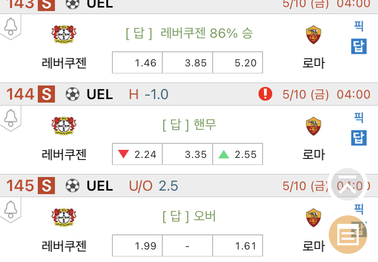 [진짜총판] 5월10일 레버쿠젠 VS AS로마 축구분석