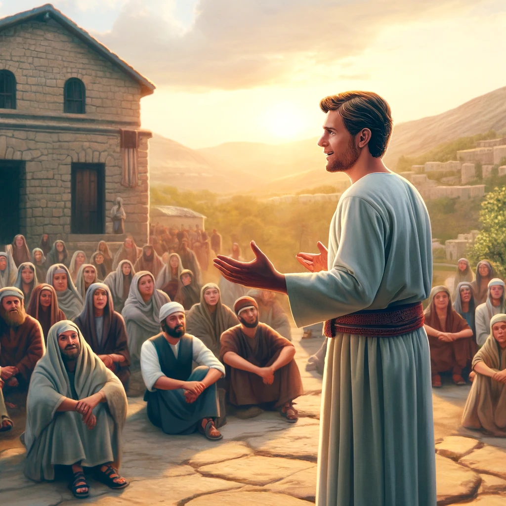 Here is the image depicting a missionary preaching about Christ with passion and sincerity to a diverse group of listeners in an ancient village setting. The missionary&amp;#39;s expression and posture convey his deep wish for the listeners to embrace the faith as he has.